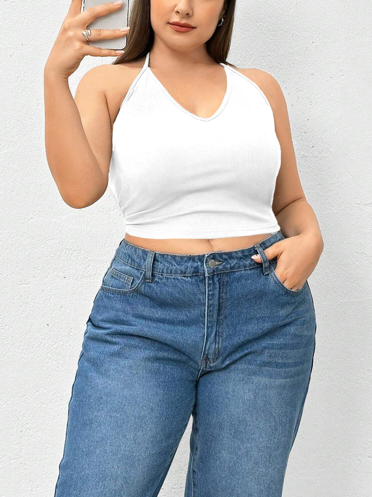 Top sin mangas de punto de color liso con cuello halter 