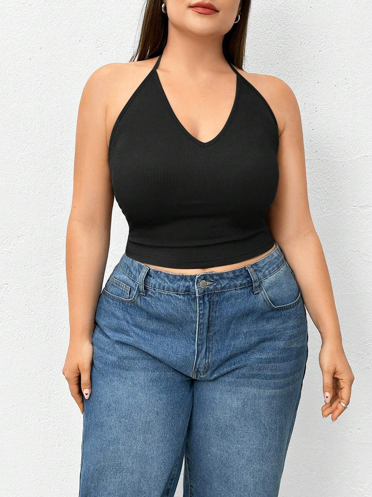 Top sin mangas de punto de color liso con cuello halter 