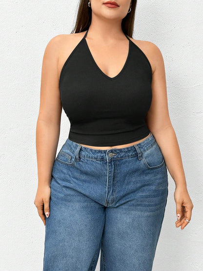 Top sin mangas de punto de color liso con cuello halter 