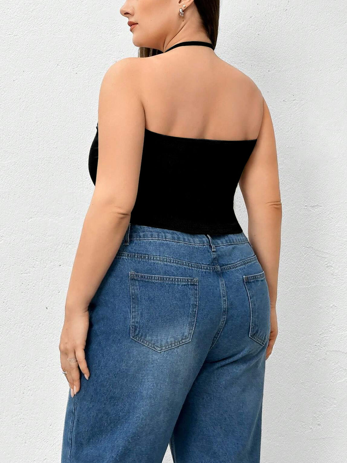 Top sin mangas de punto de color liso con cuello halter 