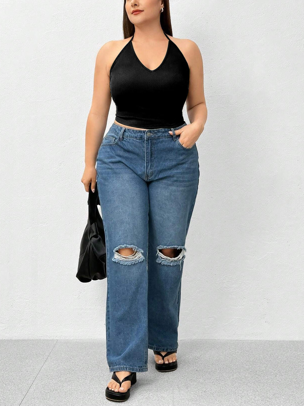 Top sin mangas de punto de color liso con cuello halter 