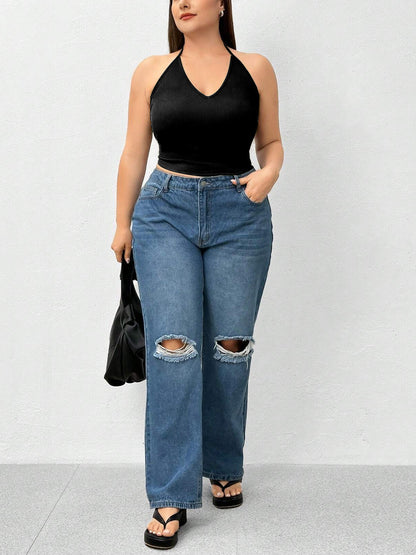 Top sin mangas de punto de color liso con cuello halter 