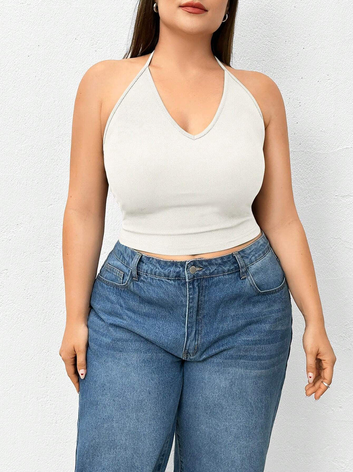 Top sin mangas de punto de color liso con cuello halter 