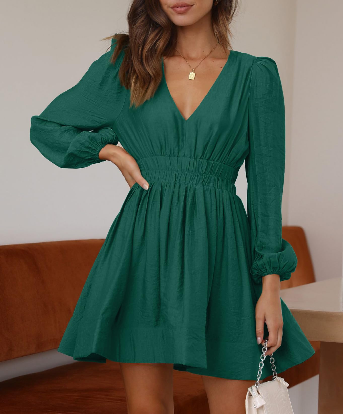 Long Sleeve V Neck Mini Dress
