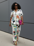 Printed Shirt Wide Leg Pants Set