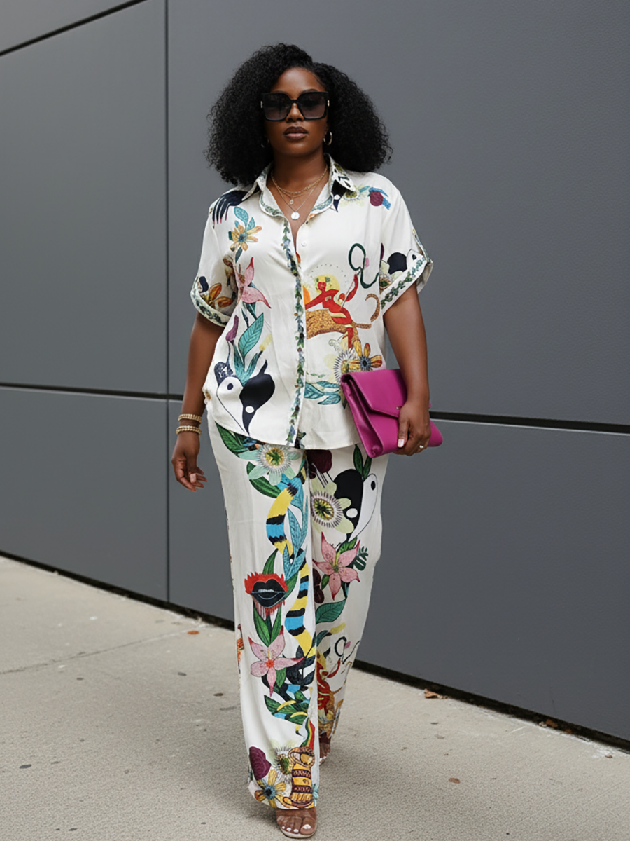 Printed Shirt Wide Leg Pants Set