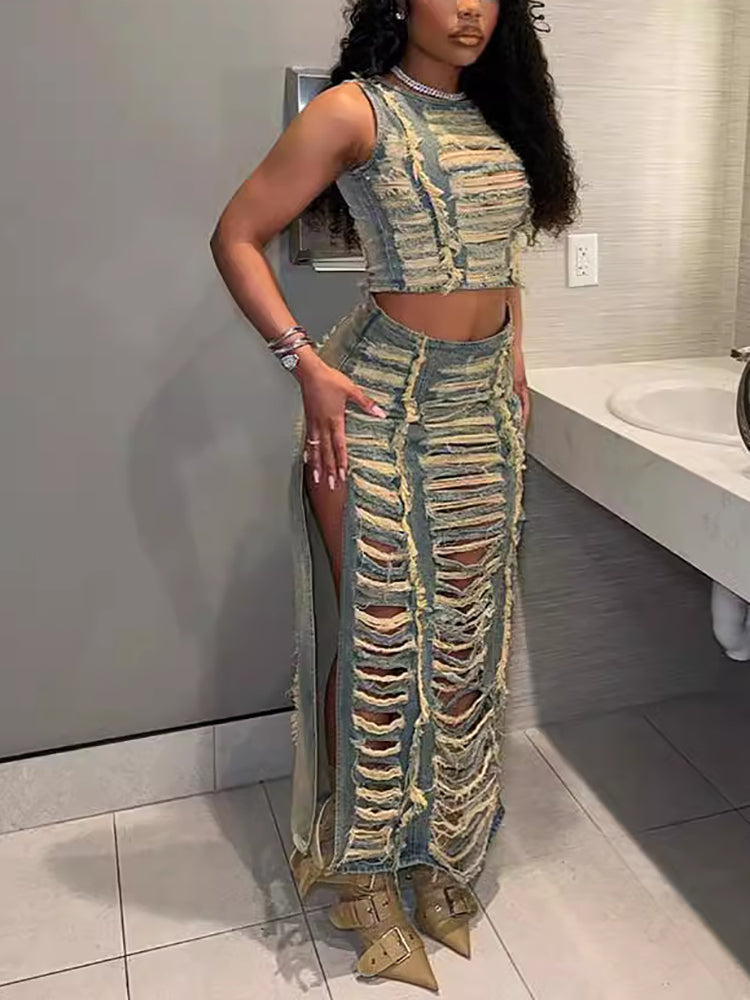 Top sin mangas de mezclilla desgastada de dos piezas y falda dividida 