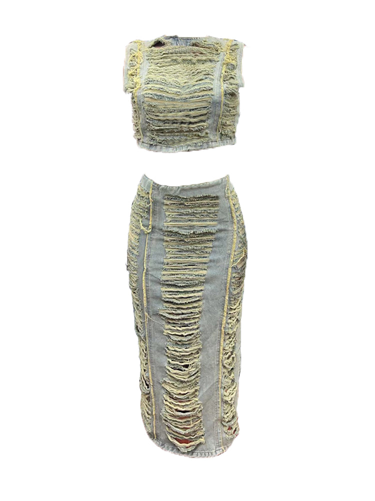 Top sin mangas de mezclilla desgastada de dos piezas y falda dividida 