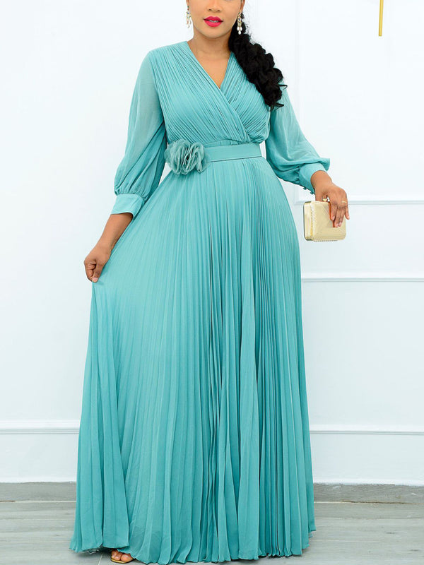 Plus Size Solid Color Pleated Dress with Belt