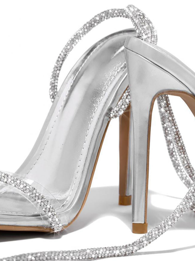 Sandalias de tacón alto con correa en el tobillo con diamantes de imitación brillantes 
