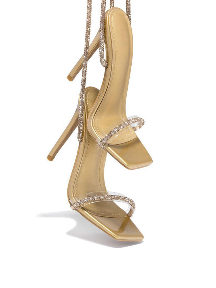 Sandalias de tacón alto con correa en el tobillo con diamantes de imitación brillantes 