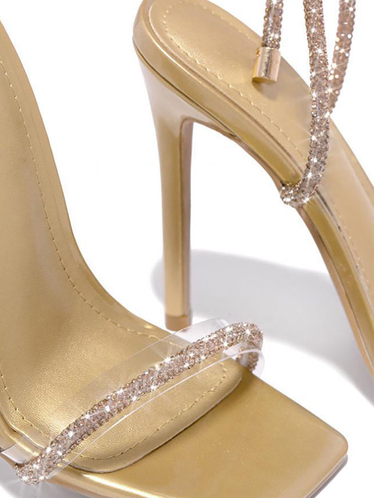 Sandalias de tacón alto con correa en el tobillo con diamantes de imitación brillantes 
