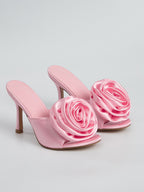 Peep Toe Satin Floral Stiletto Heeled Mules