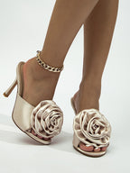 Peep Toe Satin Floral Stiletto Heeled Mules
