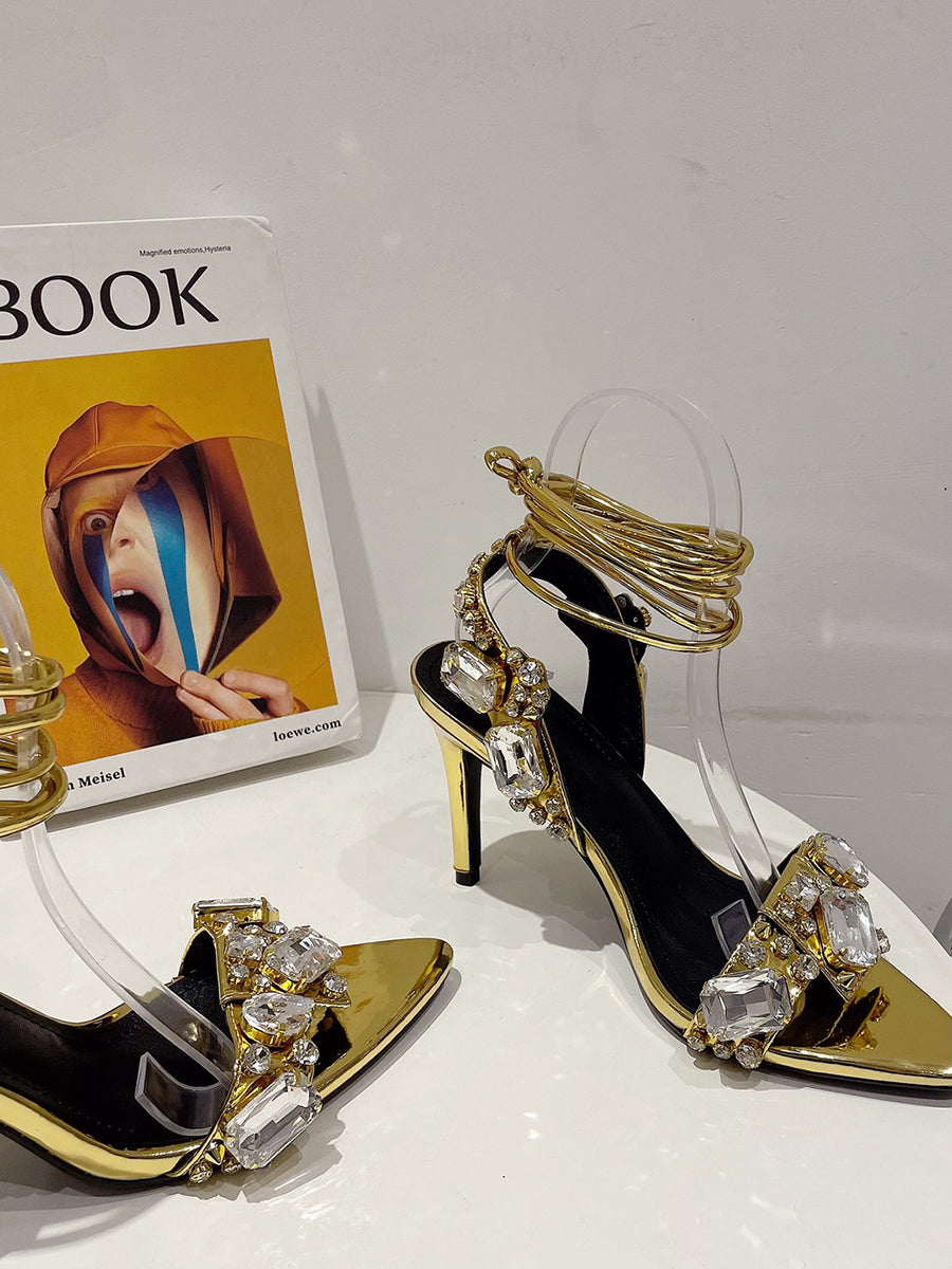Sandalias de tacón alto con tiras cruzadas y diamantes de imitación 