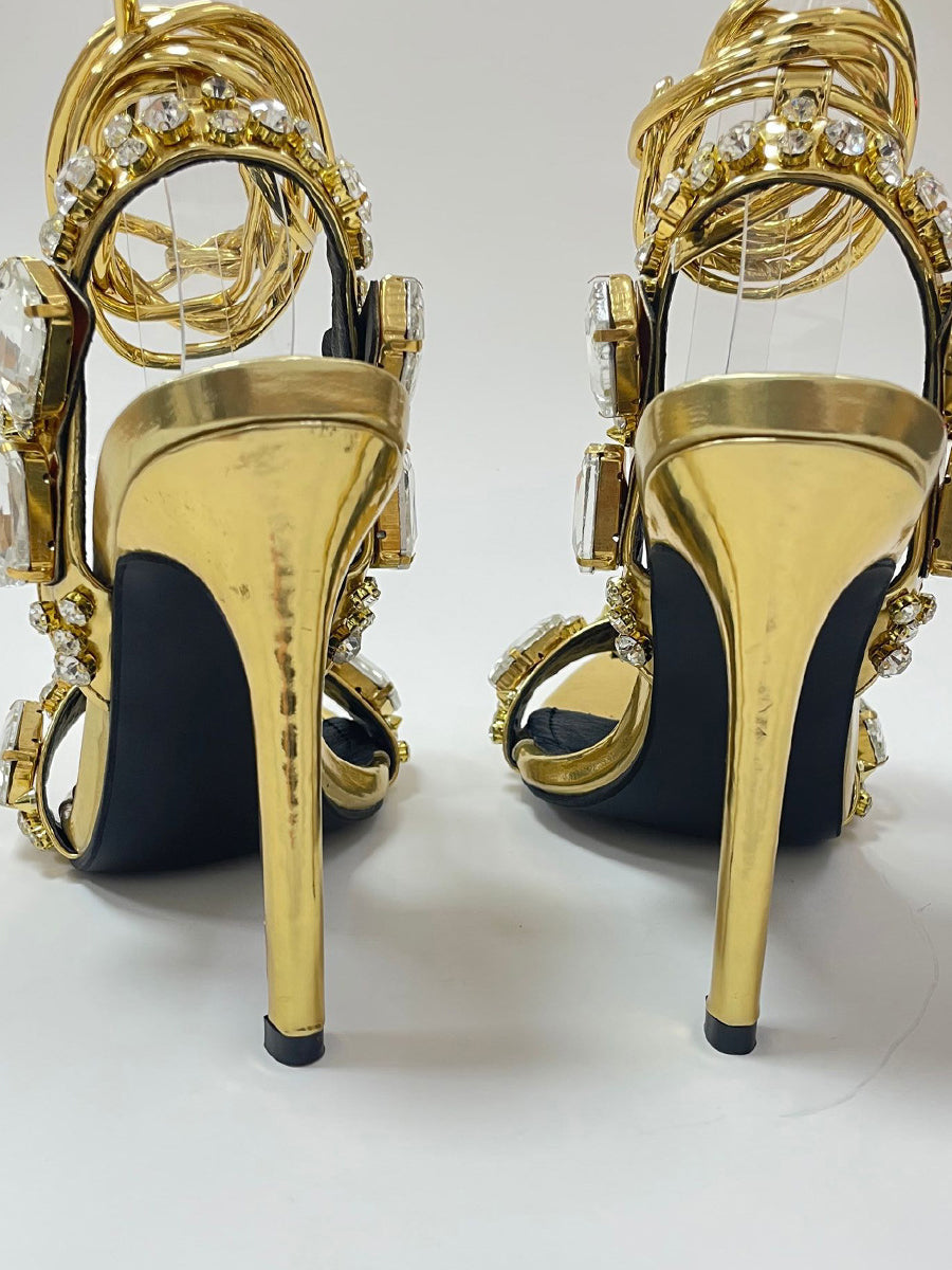 Sandalias de tacón alto con tiras cruzadas y diamantes de imitación 