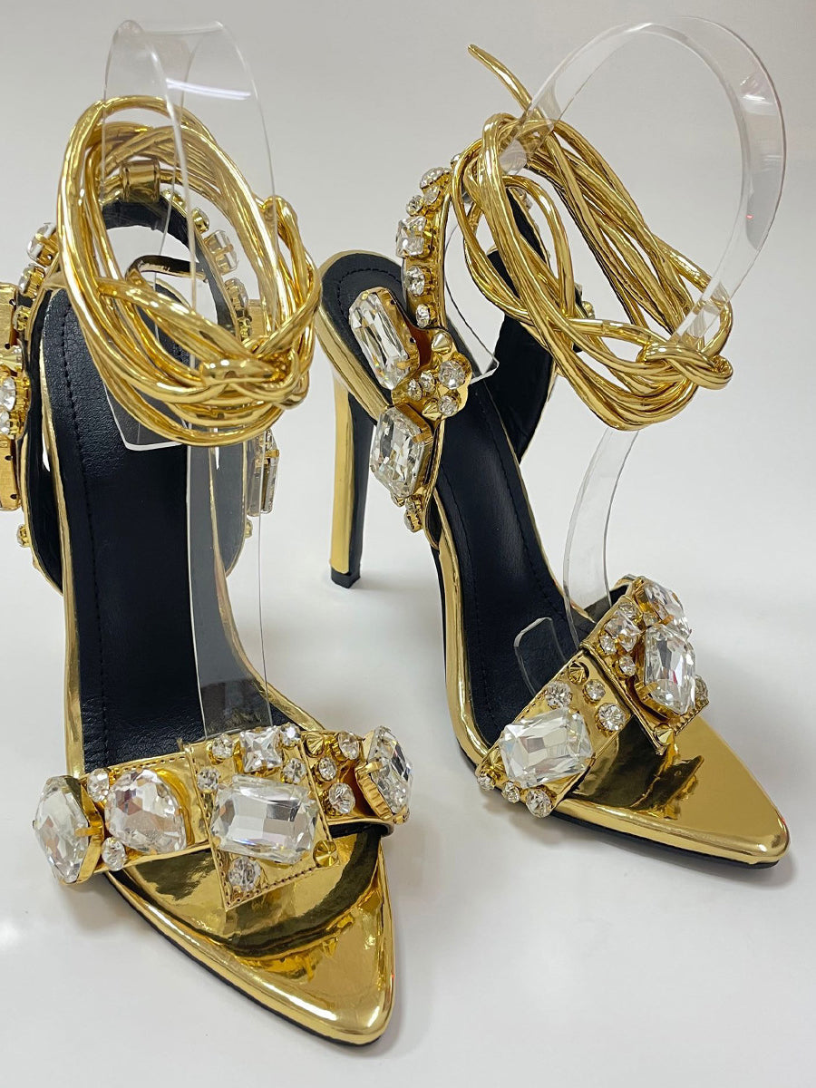 Sandalias de tacón alto con tiras cruzadas y diamantes de imitación 