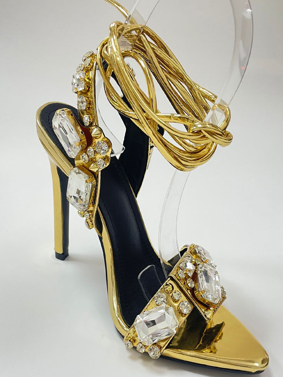 Sandalias de tacón alto con tiras cruzadas y diamantes de imitación 