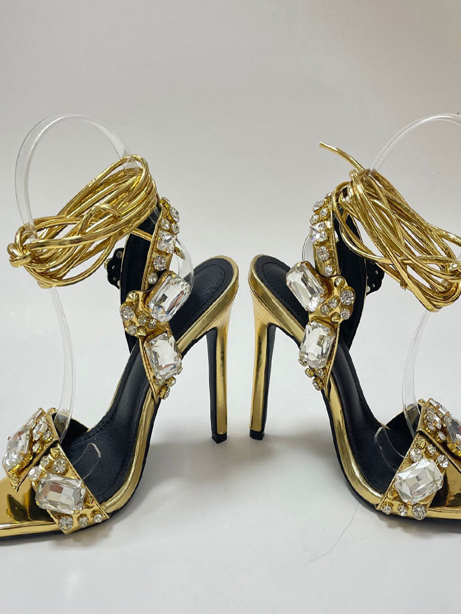 Sandalias de tacón alto con tiras cruzadas y diamantes de imitación 