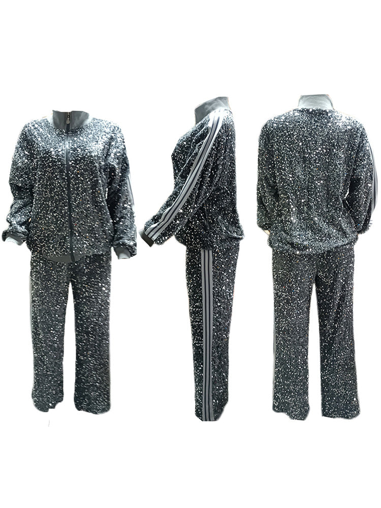 Conjuntos de chaqueta y pantalón de lentejuelas de dos piezas Chándales 