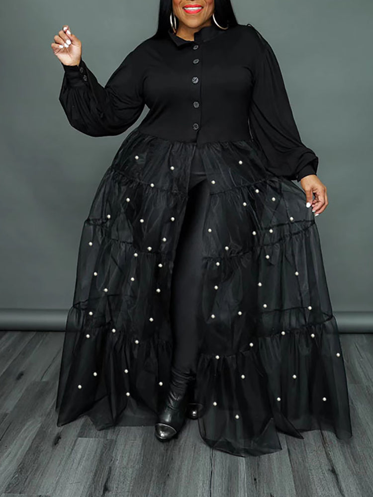 Tops de patchwork de malla de perlas de talla grande 