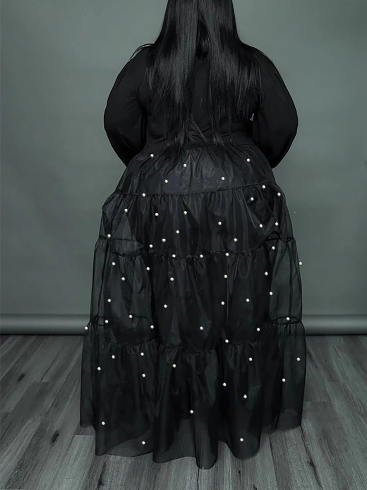 Tops de patchwork de malla de perlas de talla grande 