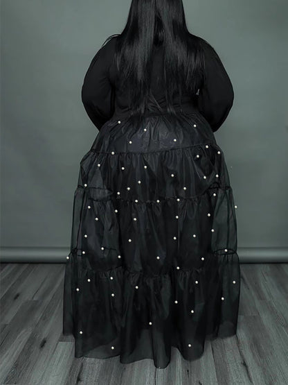 Tops de patchwork de malla de perlas de talla grande 