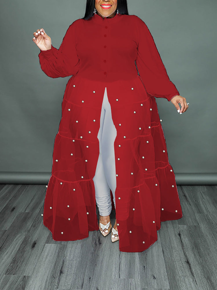 Tops de patchwork de malla de perlas de talla grande 