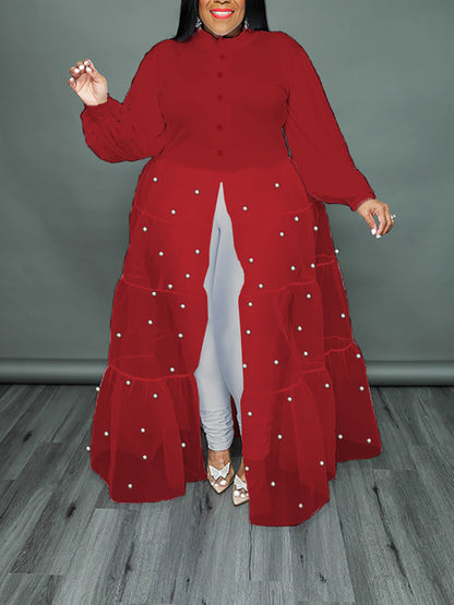 Tops de patchwork de malla de perlas de talla grande 