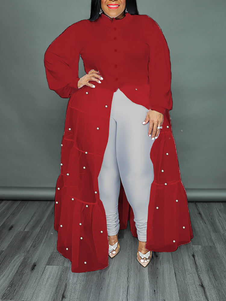 Tops de patchwork de malla de perlas de talla grande 