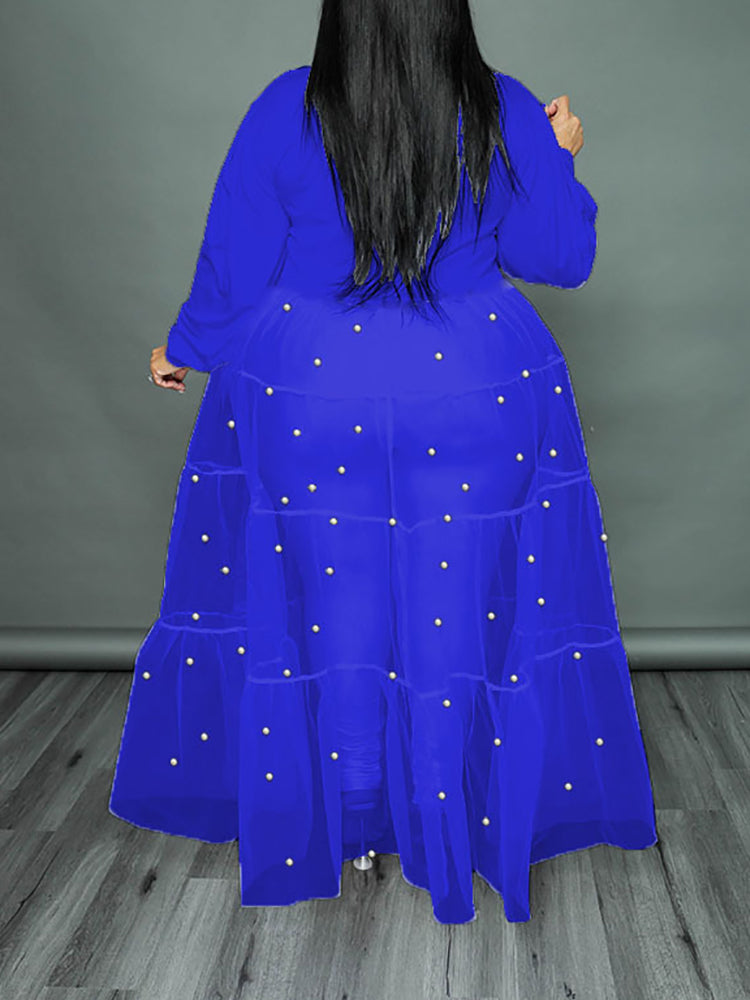 Tops de patchwork de malla de perlas de talla grande 