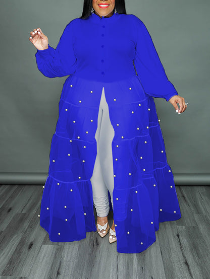 Tops de patchwork de malla de perlas de talla grande 