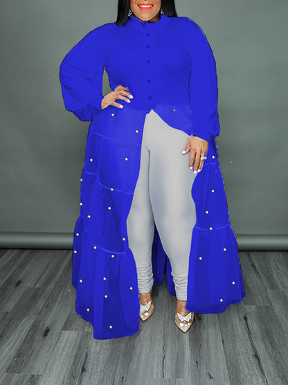 Tops de patchwork de malla de perlas de talla grande 