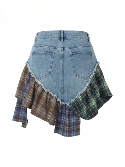 Asymmetric Plaid Patchwork Denim Mini Skirt