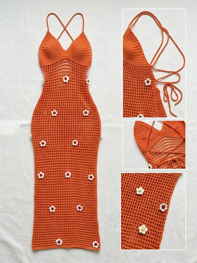 Crochet Flower Halter Backless Dress
