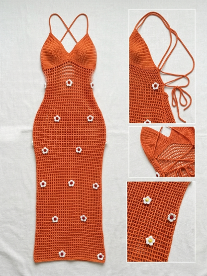 Crochet Flower Halter Backless Dress