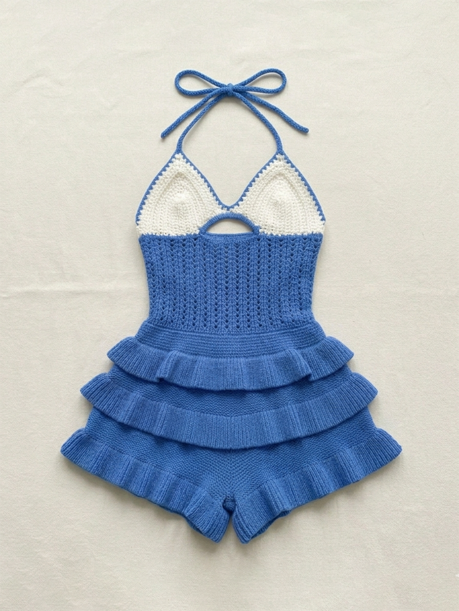 Crochet Flower Halter Backless Romper