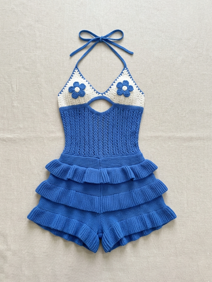 Crochet Flower Halter Backless Romper
