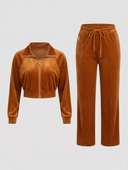 Zipper Jacket Wide Leg Pants Set