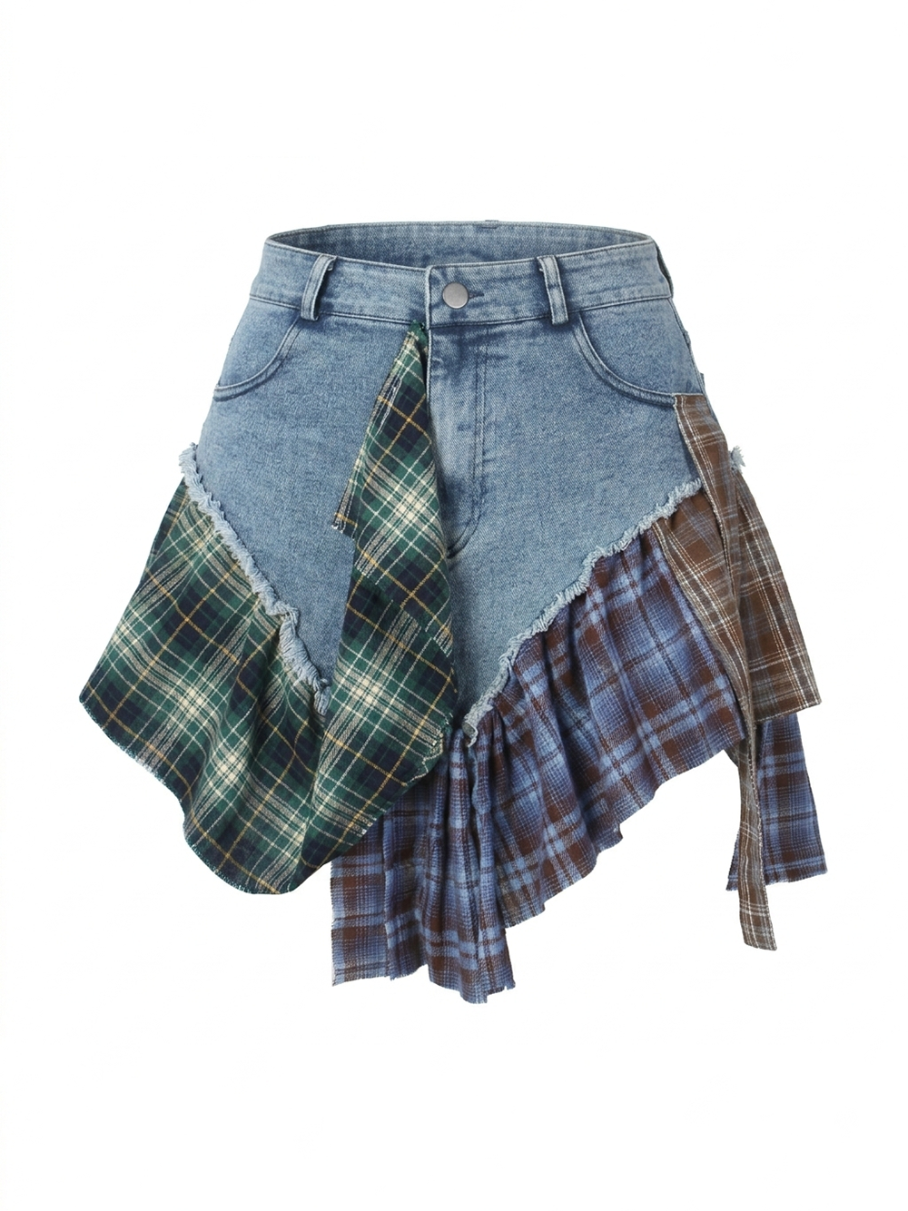 Asymmetric Plaid Patchwork Denim Mini Skirt