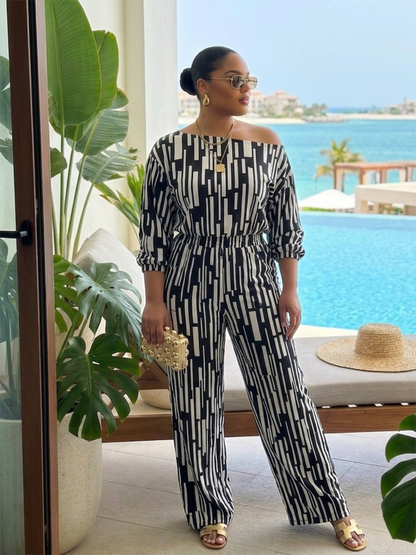 Stripe One Shoulder Plus Size Pants Set