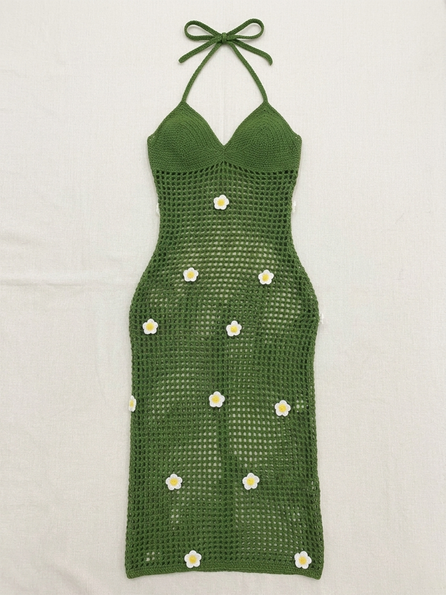 Crochet Flower Halter Backless Dress