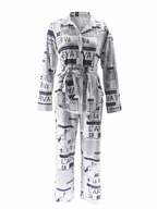 Newspaper Print Blazer Belted Pants Set