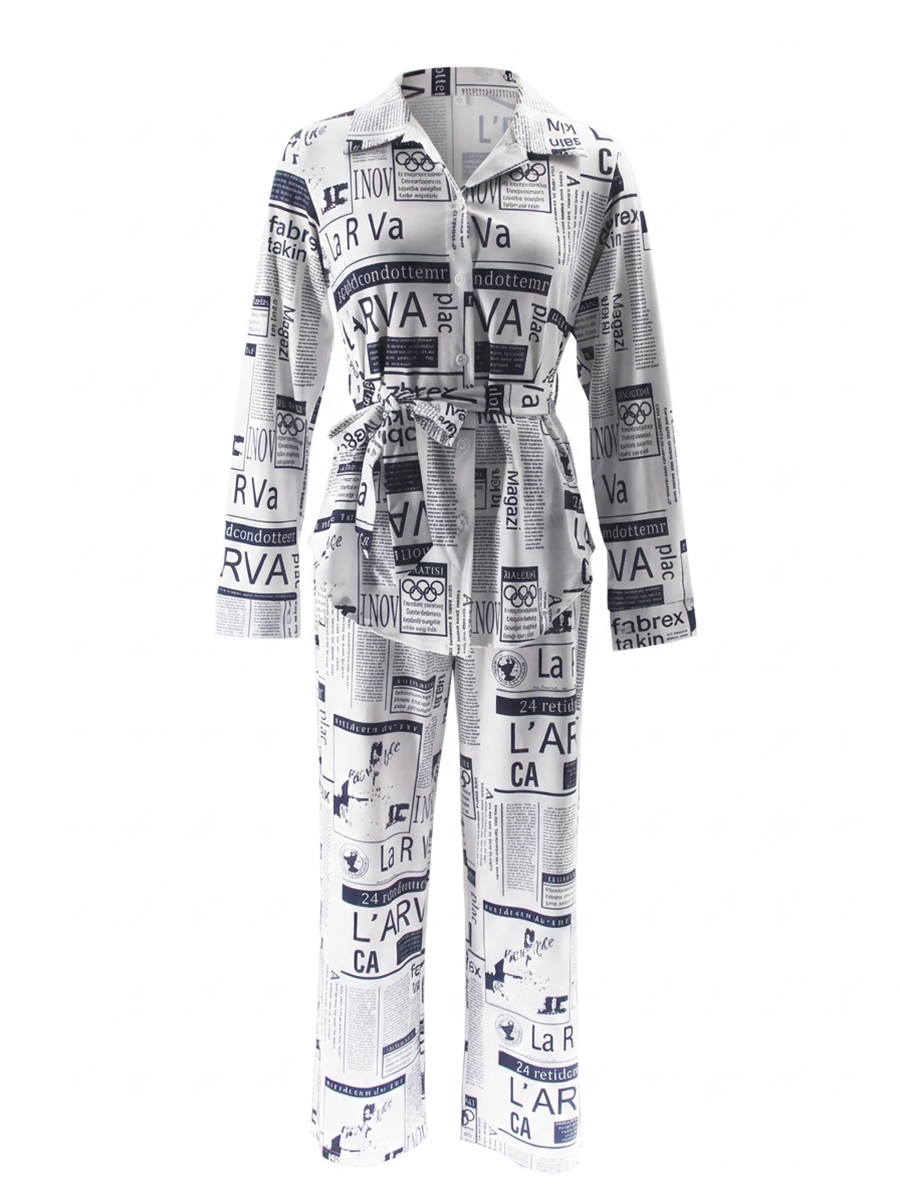 Newspaper Print Blazer Belted Pants Set
