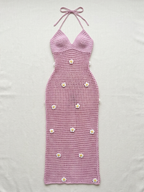 Crochet Flower Halter Backless Dress
