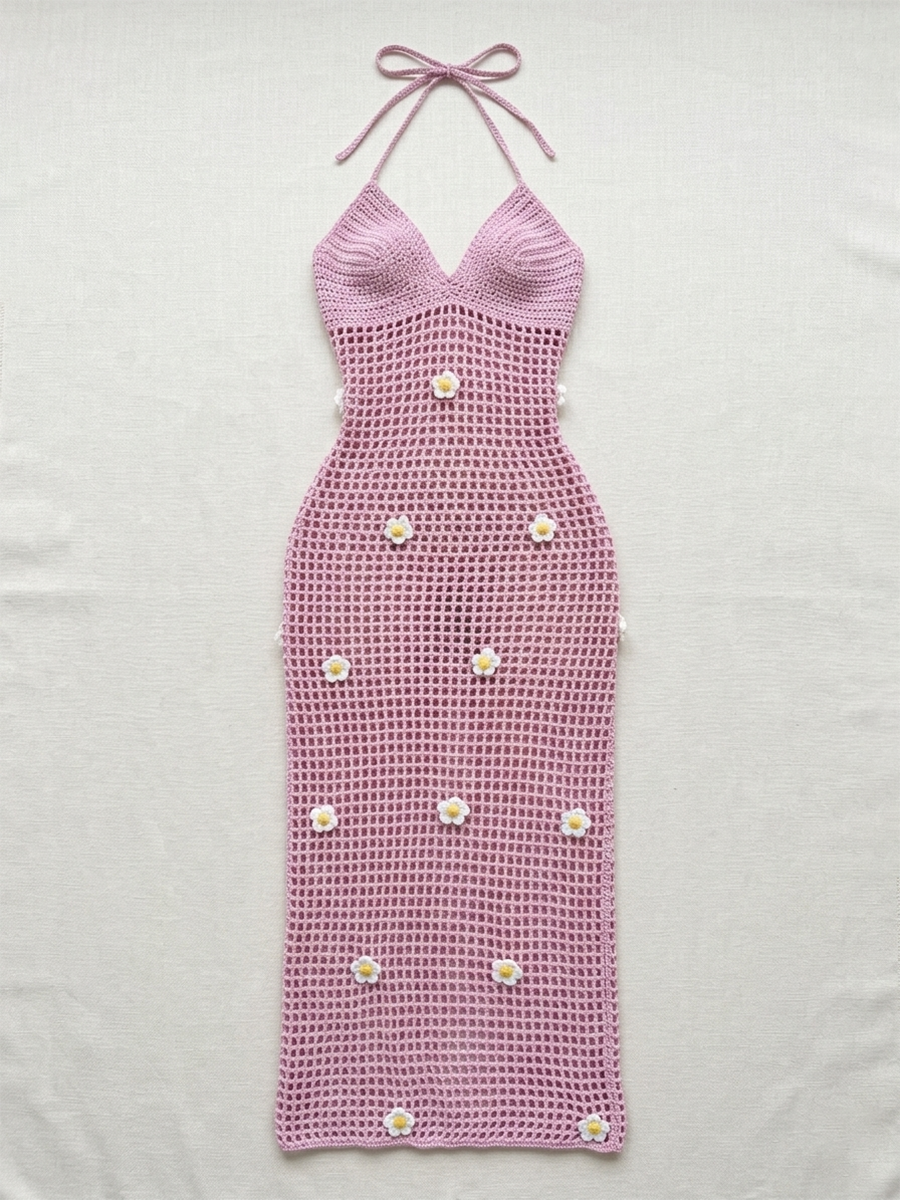 Crochet Flower Halter Backless Dress
