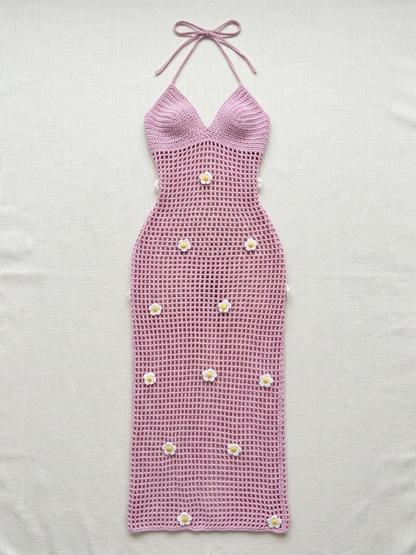 Crochet Flower Halter Backless Dress