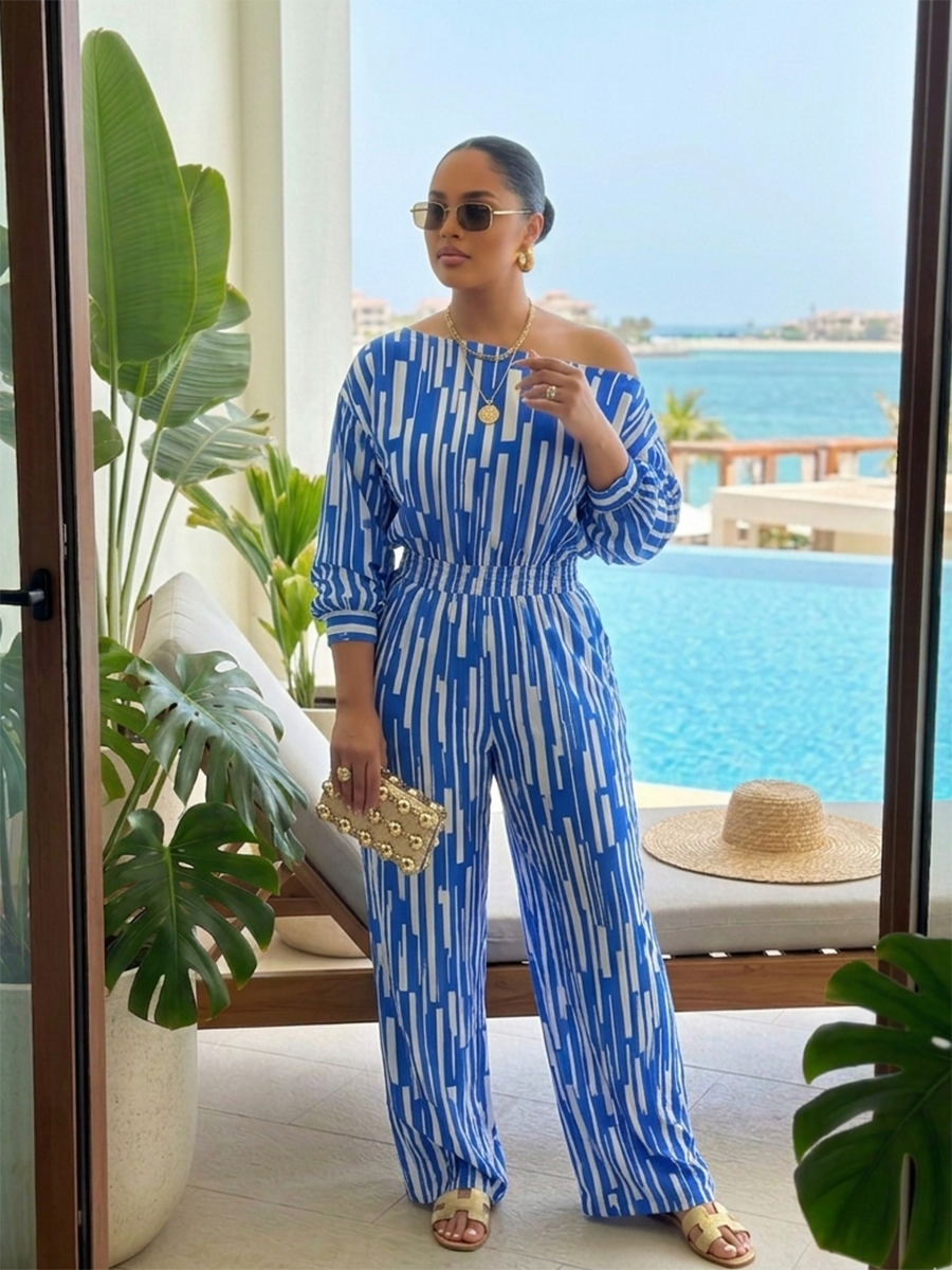 Stripe One Shoulder Plus Size Pants Set