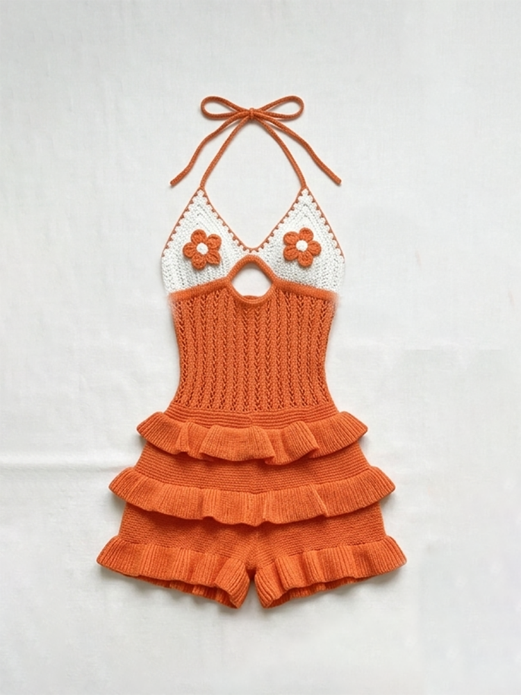Crochet Flower Halter Backless Romper