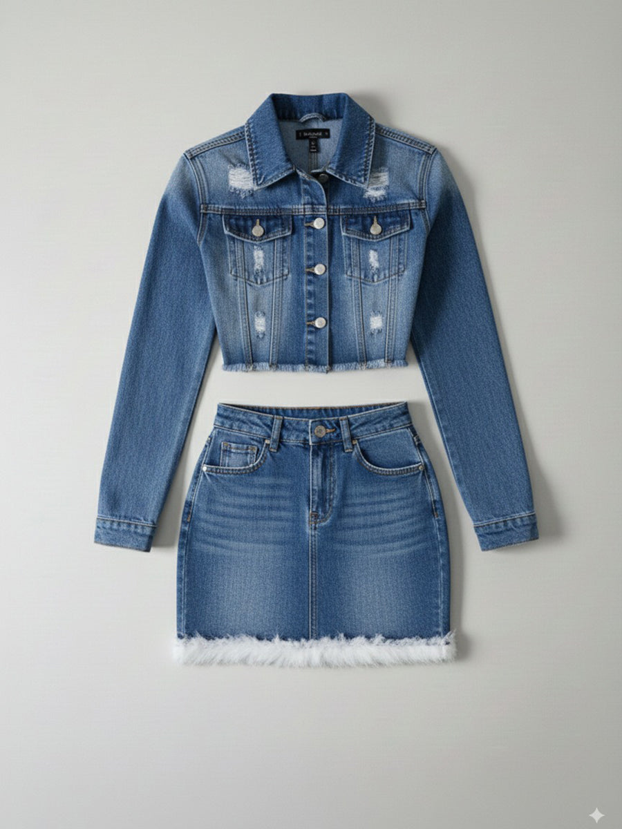 Two Piece Denim Cropped Jacket Feather Skirt Sets
